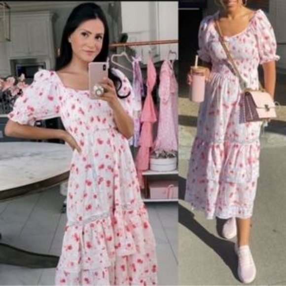 LOVESHACKFANCY X Target Floral Tiered Cosette Midi Dress Peasant Cottage SZ M - Picture 1 of 12